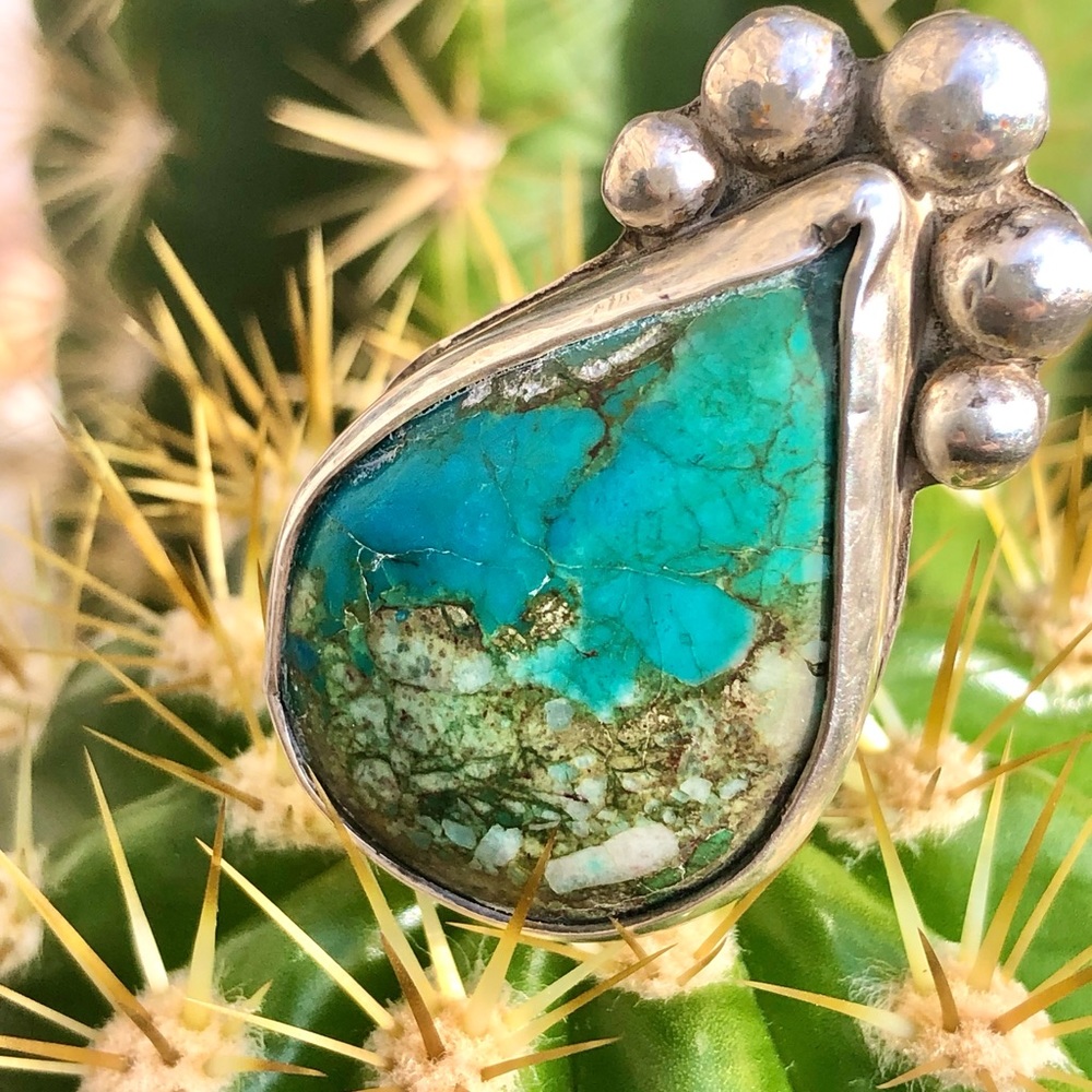 Inlaid Turquoise Handcrafted Southwestern Sterling Silver Ring - Picture 2 of 14
